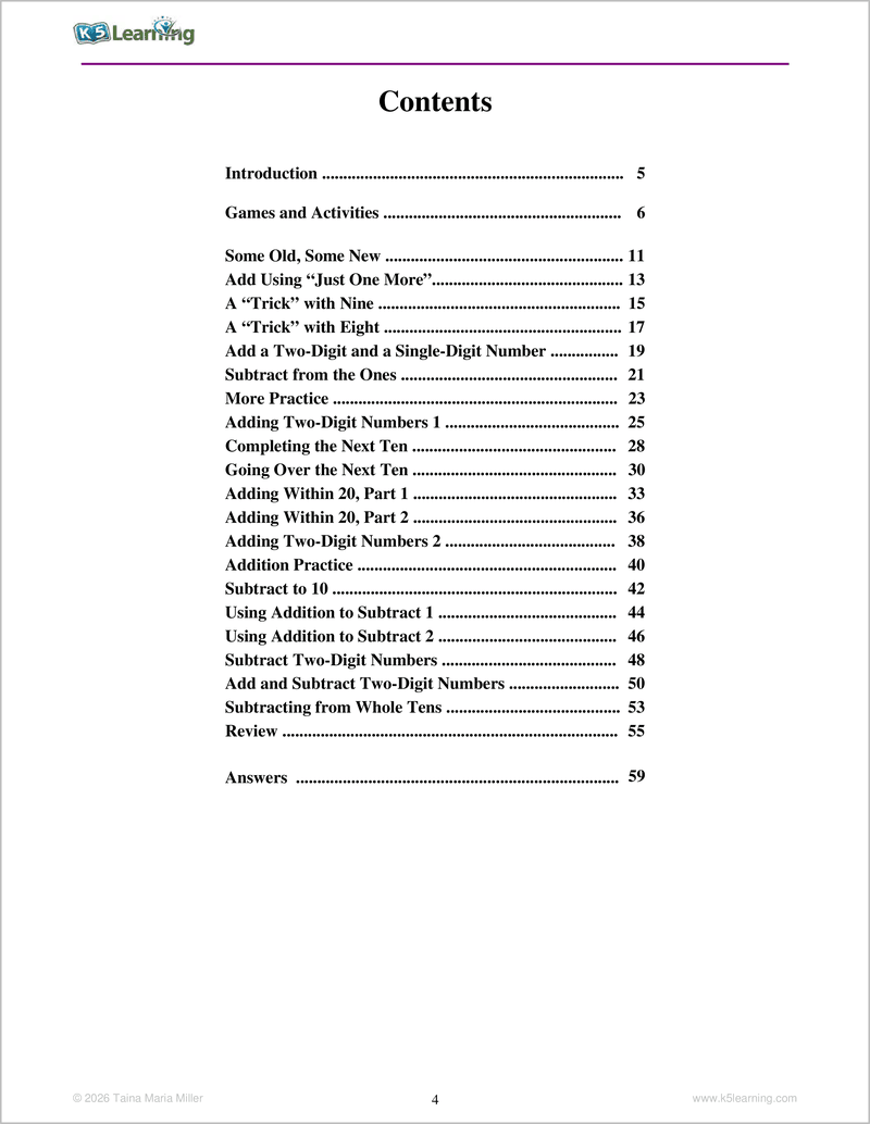 Add & Subtract 1 - Table of Contents