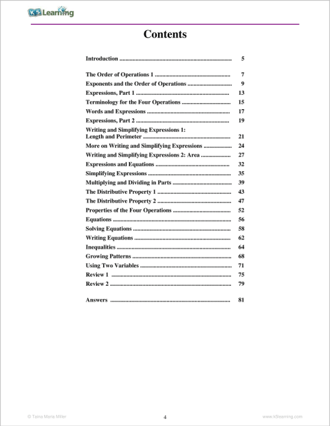Expressions and Equations Workbook | K5 Bookstore