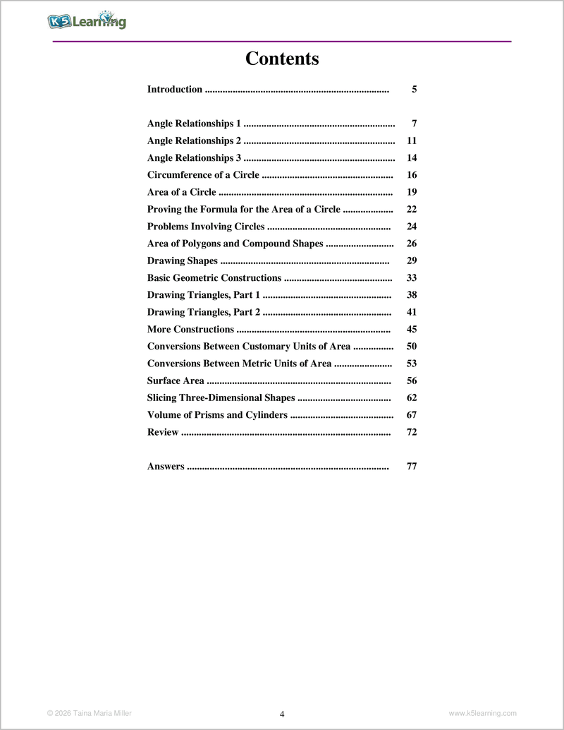 Geometry Workbook For Grades 5-7 - Contents