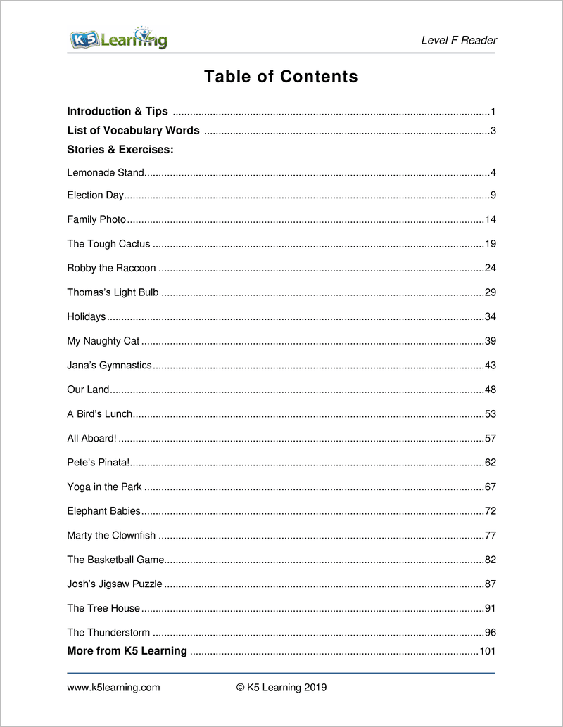 Reading, Level F - Table of Contents